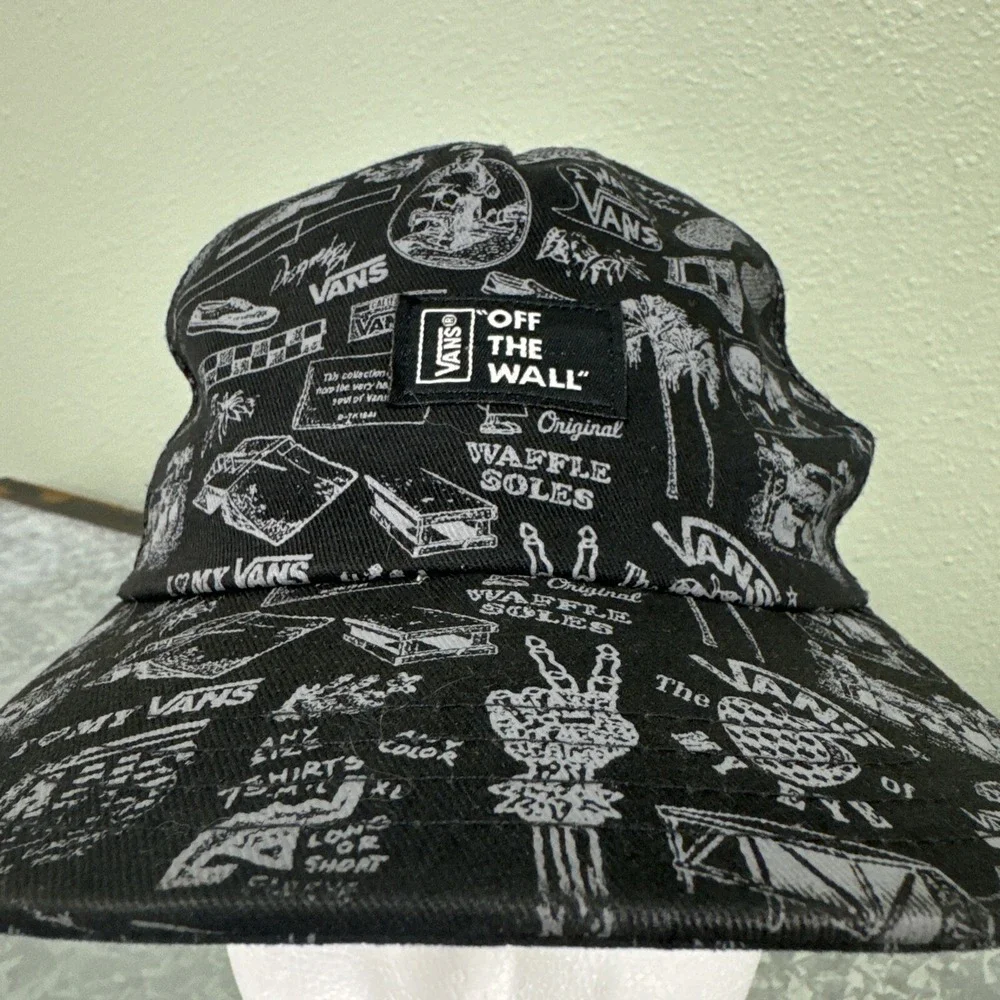 Vans‎ Snapback Trucker Hat All Over Print Mesh Waffle Soles Rare Black Retro